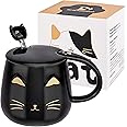 SHENDONG Black Cat Mug Cute Ceramic Coffee Cup with Kawaii Lid and Lovely Stainless Steel Spoon Novelty Morning Cup Coffee Milk Tea Mugs - 3D Animal Cat Mugs for Cat Lovers Women Gifts(Black)