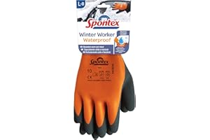 ‎SPONTEX Spontex Winter Worker Waterproof Gloves, Waterproof Work Gloves with Double Layer Lining, High Cold Protection, Latex Coating, Size L, 1 Pair, Orange/Black