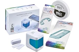 Colop e-Mark go Set. Bestehend aus dem mobilen Drucker e-Mark GO, Lineal, Führungsschiene für Bänderbedruckung, Band 15 mm, sowie PVC-Schilder zur Schilderbedruckung und Broschüre. weiß