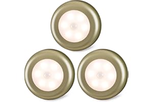 STAR-SPANGLED – Lot de 3 lampes à détecteur de mouvement pour l’intérieur, à coller, fonctionnement à piles, lumière LED pour armoire, escaliers, placard, cuisine, doré, blanc chaud