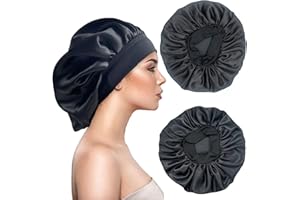 EUXINDUO 2 Stücke Satin Schlafmütze Bonnet Haarhaube Lockenhaube Zum Schlafen,Haarhaube für Die Nacht Vergrößerte Hoch Elastische Breite Krempe Weiche Weibliche Satin Haube Schlafen