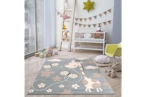 VIMODA Kinderteppiche Giraffe mit Schmetterling und Blumen | Kinderteppich für Mädchen und Jungs | Teppich für Kinderzimmer Blau | Schadstofffrei Kinderzimmerteppiche (Öko-Tex), Maße:120x170 cm