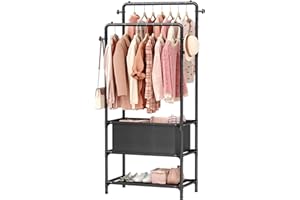 Frurark Clothes Rail, Double Pole Garment Rack with Storage Bag and Non-woven Shelves Freestanding Coat Rack for Indoor Home(Black)