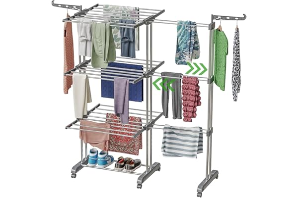 TEX-RO Expandable Clothes Drying Stand for Home/Cloth Dryer Stand with Wheel/Cloth Stand for Drying Clothes Foldable/Stainless Steel Clothes Hanging Stand/Cloth Rack for Balcony(3 Layer, Grey)
