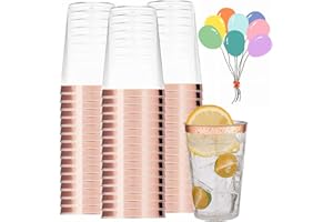 mauepersu Lot de 50 Verres en ABS Bordés d' Argenté, Gobelet ABS Reutilisable 280 ml-10oz, élégants, Pour fête, Cocktail, Martini, Soda, Dessert (or rose)