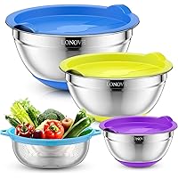 Rührschüsseln 3er Set mit Sieb von 1.5L,2.5L,4L, LONOVE Edelstahl Metall Nistschalen mit Deckel,Bunte Rutschfeste…