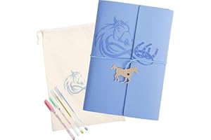 Cantik 7PCS Horse Journal Notebook 130 Sheets (260 Pages) With 4 Pens, Horse Charm, Muslin Cotton Pouch & Secret Pen Pocket. Refillable Journal Ideal For Writing, Drawing & Scrapbooking (Blue)