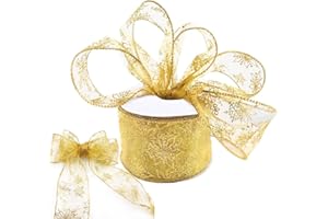 NOCHME Cinta De Navidad Para El Arbol Con Alambre, 6.3cm Ancha Copo De Nieve Brillantes Ribbons Christmas Decorativas Para Decoración De Navidad Y Manualidades, 10 Yardas, Dorado
