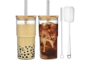 ALINK Lot de 2 Gobelets en Verre Rayé Transparent de 600 ml Avec Couvercle - Verres à Eau, Tasses à Café Glacé et Thé à Bulles
