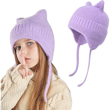 Bonnet Enfant Oreilles De Chat Tricoté - Hiver Chaud Et Doux - Taille Unique 3-12 Ans (50-54 Cm) - Élastique Avec Cordon - Pour Fille Et Garçon - 5