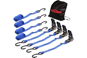 AUTOFONDER Easy4straps 4.5m Ratchet Tie Down Straps with J-Hook 450KG Lashing Capacity 4PC 25mm Heavy Duty Cargo Tie Down Straps for Moving Appliances, Lawn Equipment, Motorcycle