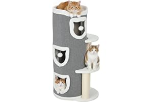 PawHut Kratztonne, 101 cm hoch Katzentonne mit Höhle, Spielball, Plüschrand, mehrstöckig Kratzbaum mit Sisal-Kratzbäumen, oberem Bett, Plattformen, Katzenhöhle Katzenhaus für Katze bis 6 kg, Grau