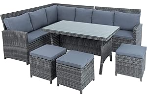 ESTEXO Polyrattan Lounge Set in luxuriöser Optik bestehend aus 1 Couch, 3 Hockern und 1 Tisch, inklusive Sitzpolster, grau