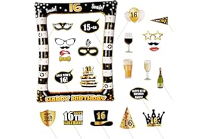 BHGT (24Pcs) 16th Birthday Party Inflatable Frame and Photo Booth Props for Her Him Forty Birthday Gold and Black Decorations Family Fun Holiday Party Supplies Theme Party Kit