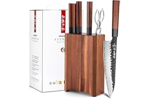 HEZHEN Bloques de Cuchillos Juego de Cuchillos de Cocina, Couteaux de Chef Set Cuchillos Cocina,Cuchillo Santoku Estilo Japonés, Tijeras de Cocina Bloque de Cuchillos de Madera de Acacia