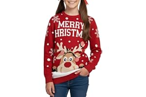 NOROZE Girls Christmas Jumper Red Nose Reindeer Bambi Merry Christmas Retro Pullover Xmas Sweater Unisex Kids UK Sizes 5-13 Years