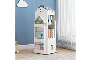 mosegor 3 Tier Kids Bookcase, Free Standing 360° Rotating Childrens Bookshelf, Wooden Spinning Bookshelf, Castle Toddler Swivel Bookcase, Multi Functional Kids Book Storage for Living Study Play Room