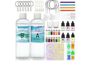 JUSPOTA Resina Epoxi Transparente Manualidade, 240ml Kit de Resina Completo para Manualidades Fundición y Revestimiento, con Moldes, Pigmentos, Glitter hacer Colgante, Joyas, Llavero para Principiantes