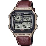 AV TRADERS Digital World Time Watch for Men | Brown Leather Strap | Retro LCD Display | 100M Water Resistant | 10 Year Battery | Alarm, Stopwatch, LED Light: 