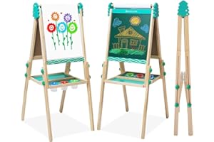 YULEYU Kids Easel Wooden Kids Art Easel Double-Sided Standing Easel for Kids Height Adjustable Preschool Art Easel with Paper Roll Storage Box Watercolor Pen for 3-10 Years Old (Green)
