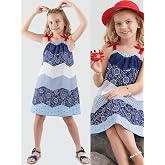 Dark Blue White Patterned Poplin Girls Dress