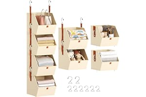 DIMJ Hanging Wardrobe Organiser 4 Tier - Clothes Hanging Shelves, Space-Saving Closet System, Fabric Storage Boxes Bedroom Organization, Collapsible Baskets for Home, Dorm, Rv, Beige