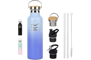 Borraccia Termica 750 ml Acciaio Inox Blu - HUIIKE | Borraccia con Cannuccia e 3 Tappi | Bottiglia Senza BPA | Mantiene Bevande 12h Calde, 24h Fredde | Thermos Antigoccia e Riutilizzabile per Palestra