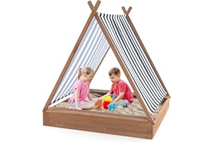 GYMAX Sabbiera per Bambini, Sabbiera con Tendina Rimovibile, 2 Panche, Sabbia in Legno di Abete per Bambini da 1+ Anni, Casina da Gioco Tema Tenda per Esterno, Giardino, Spiaggia