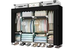 HESMENO Portable Wardrobe, Clothes Closet Storage Organizer with Hanging Rail & Shelves, Foldable Closet with Cloth Cover Quick and Easy to Assemble, Strong and Durable 200x43x168CM, Black