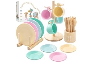 GAGAKU Set di stoviglie da cucina per bambini, 27 pezzi, servizio da tè per bambini, in legno, con supporto, giocattolo Montessori per bambini 3-5 anni, giocattolo educativo per giochi di ruolo