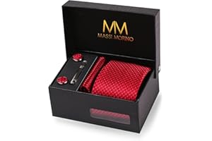 MASSI MORINO Cravate Homme - avec mouchoirs de poche, boutons de manchette et Pinces à cravates | Coffret cadeau | Accessoires de Fete de Mariage