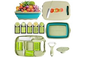 QINGLEE Planche a Decouper Pliable, 9 in 1 Bassine Pliable Camping Multifonction, Panier de Drainage avec 5 Trancheuses Différentes, pour Les Cuisines & Voyages (vert)