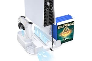 KOPBTBOY Supporto PS5 con Ventola di Raffreddamento e Ricarica Controller PS5, PS5 Supporto Verticale con Indicatori LED e Conservazione per 8 Giochi per Sony Playstation 5