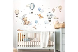 DEKO KINDERZIMMER Tatuaż ścienny, balon na gorące powietrze i miś, naklejka ścienna do pokoju dziecięcego, naklejka ścienna, zwierzęta leśne, dekoracja ścienna, pokój dziecięcy, chłopcy, DK1153-01