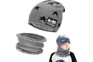 Amebleak Kinder Wintermütze und Schal Set, Winter Warm Beanie Mütze, Unisex Strickmütze mit Fleecefutter Mütze Schal, Wolle Strickmütze und Loop Schal für 6-14 Jahre Alt Jungen Mädchen