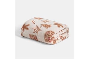 OHS Christmas Blanket Throws for Sofas, Christmas Decorations Gingerbread Print Soft Warm Cosy Sherpa Reversible Fleece Blanket for Bed Settees Armchairs Single Bed Throw, 125 x 150cm - Beige