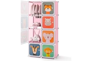 GYMAX Cartoon Clothes Closet, Portable Kids Wardrobe with Hanging Section, Children Storage Unit for Bedroom Nursery (Pink, 8 Cubes Animal: 75 x 37 x 145cm)