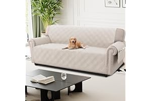 H.Versailtex Quilted Sofa Covers 4 Seater, 100% Waterproof Sofa Slipcovers with Pockets, Extra Large Couch Covers for Dogs Pets, Washable Sofa Protector with Elastic Strap, Frenchoak