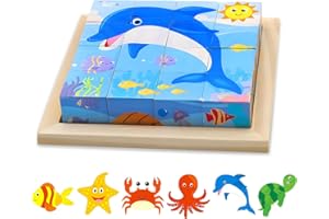 RZMZBY Puzzles en Bois Enfant 6 en 1, 3D Puzzle Cube Animaux en Bois Enfant, Jouet Montessori pour 1 2 3 Ans, Jeux Éducatif Préscolaire pour Garçon Filles Cadeau d'anniversaire, Noël