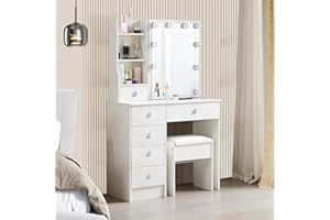 Aovquof Dressing Table with Mirror and Stool Set, Make up Table with Adjustable Brightness LED Lights Mirror-3 Colors, Vanity Desk with Drawers and Open Shelver, White Wooden Modern Bedroom Dresser