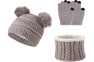 YloveM Kinderschal und Handschuhe Set, Jungen Mädchen Warmen Hut Mütze mit 2 Bommeln Strickmütze Für Kinderkinder Kinder Unisex Gestrickt Hut