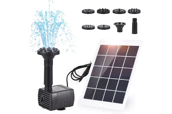 Irishom Pompe de Fontaine Solaire, 3W 5V 120 L/h, Pompe de Bassin Solaire, 7 Buses, Tuyau de 1,5M Max. Hauteur de l'eau 50cm, pour Bain d'oiseaux/Aquarium/Etang/Jardin/Piscine