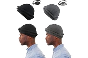 DITAIX 2 pezzi turbante uomo elasticizzato pre-legato Halo turbano Durag seta foderata in raso, avvolgicavo per club, sport, abbigliamento casual, nero, grigio scuro
