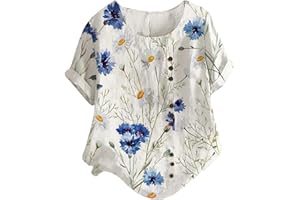 HAOLEI Linen Tops for Women UK Deals,Ladies Floral T Shirts Elegant Cotton Linen Short Sleeve T Shirts Buttons Graffic Tee Shirt Crew Neck Casual Loose Fit Summer Blouses Lagenlook Tunic Tops