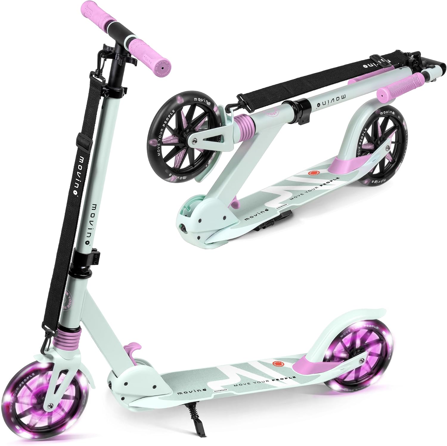 Movino Patinete para Niños Adultos y Adolescentes hasta 100 kg - Scooter Plegable Urbano - Ruedas LED Grandes 180 mm - Manillar Ajustable - City Light