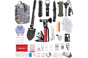POKTWORLD Kit de Supervivencia,Kit Supervivencia Militar Profesional,Kit Supervivencia Apagon Militar,Multifuncional Equipo de Botiquín Primeros Auxilios,para Viajar Caminar Acampar al Aire Montaña-Camuflaje