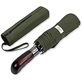 Balios Folding Umbrella Olive Green | Handcrafted genuine wood handle with windproof vented double canopy and automatic openi