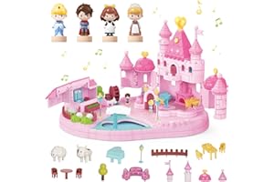 fygurso Casa delle Bambole Castello della Principessa con 2 Piccole Figure Mobili Controllate Magneticamente, Giocattolo da Sogno con Luce e Musica per Gioco di Ruolo, Regalo (Rosa)