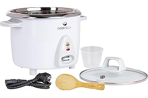 ‎KEMAR KITCHENWARE KeMar Reiskocher (1,4L, 500W, Weiß) Edelstahltopf - Glasdeckel mit Bambuslöffel & Messbecher - elektrischer Reiskocher Edelstahlschüssel, Warmhaltefunktion, 7 Messbecher für 1-6 Personen, KRC-200