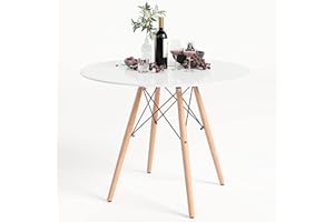 GOLDFAN Dining Table Modern Round Kitchen Table with Natural Beech Wood Legs and Matt Spray Paint, White, 80cm(Table Only)